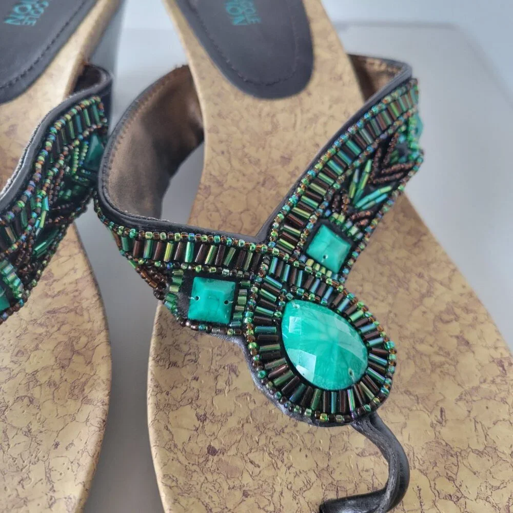 Kenneth Cole Boho Style Green beaded Wedge Sandals (Size: 9½)